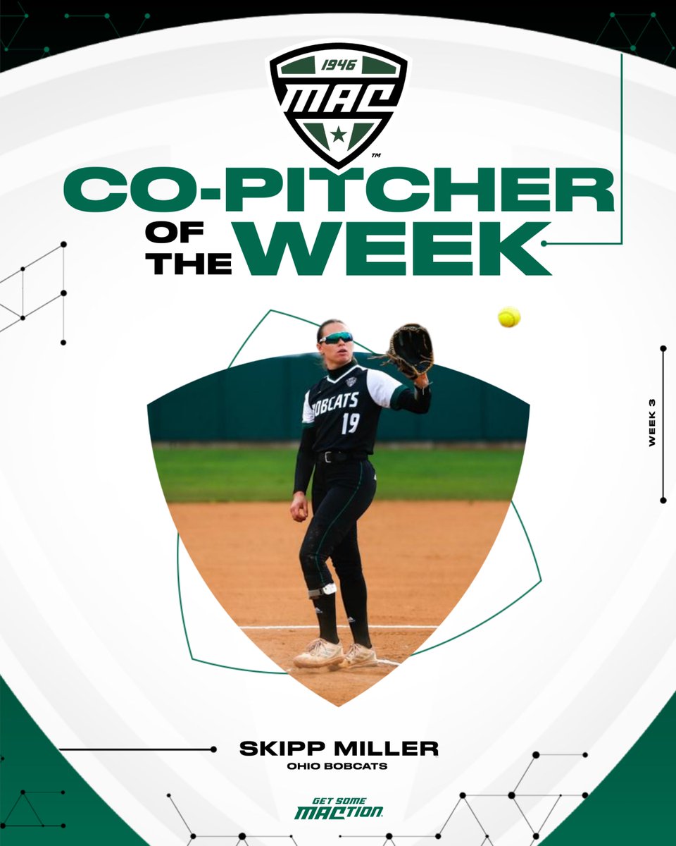 MACSports's tweet photo. Redshirt sophomore @skipp10miller is coming off another solid weekend at the Frost Classic in Chattanooga, Tenn. Overall, Miller recorded a 0.55 ERA, going 2-0 in four appearances. She also recorded one complete game shutout, while pitching 12.2 innings and earning her first save of the season. Overall, she allowed one earned run on eight hits, while walking four and striking out 11, with opponents recording a .186 batting average against her. In her only start of the weekend on Feb. 24 against Chattanooga, Miller pitched a complete game shutout, going all seven innings, while not allowing a run on five hits and four strikeouts.

@OhioBobcatSB | #MACtion