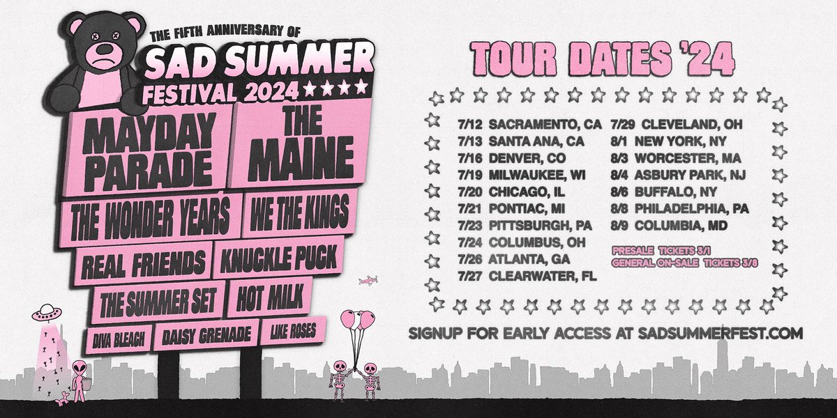 This feels like a dream - we’re playing @sadsummerfest 2024 with <a href="/maydayparade/">Mayday Parade</a> <a href="/themaineband/">g</a> @thewonderyearsband &amp; more🖤
July 12 - Sacramento, CA 
July 13 - Santa Ana, CA 
July 16 - Denver, CO
July 19 - Milwaukee, WI
Sign up for first access to tickets at sadsummerfest.com