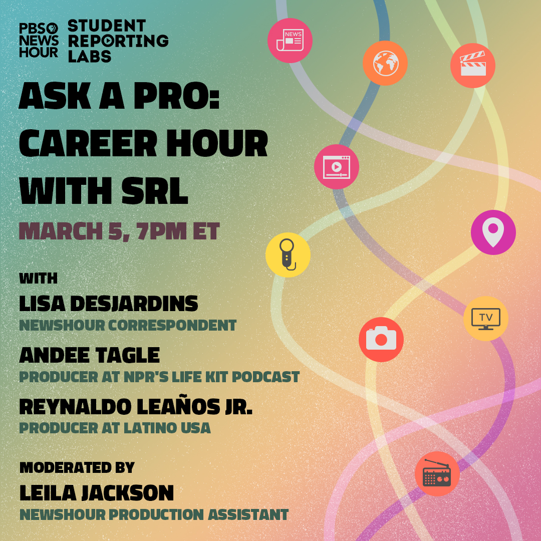 PBS News Student Reporting Labs (@reportinglabs) on Twitter photo Join <a href="/LisaDNews/">Lisa Desjardins</a>, Leila Jackson, PBS NewsHour production assistant, <a href="/andee_tagle/">Andee Tagle</a>, producer with <a href="/NPRLifeKit/">Life Kit</a>, and <a href="/ReynaldoLeanos/">Reynaldo Leaños Jr.</a>, producer with <a href="/LatinoUSA/">Latino USA</a> on March 5 at 7pm ET for a panel about their career journeys in journalism. Register here: us06web.zoom.us/meeting/regist… Join <a href="/LisaDNews/">Lisa Desjardins</a>, Leila Jackson, PBS NewsHour production assistant, <a href="/andee_tagle/">Andee Tagle</a>, producer with <a href="/NPRLifeKit/">Life Kit</a>, and <a href="/ReynaldoLeanos/">Reynaldo Leaños Jr.</a>, producer with <a href="/LatinoUSA/">Latino USA</a> on March 5 at 7pm ET for a panel about their career journeys in journalism. Register here: us06web.zoom.us/meeting/regist…