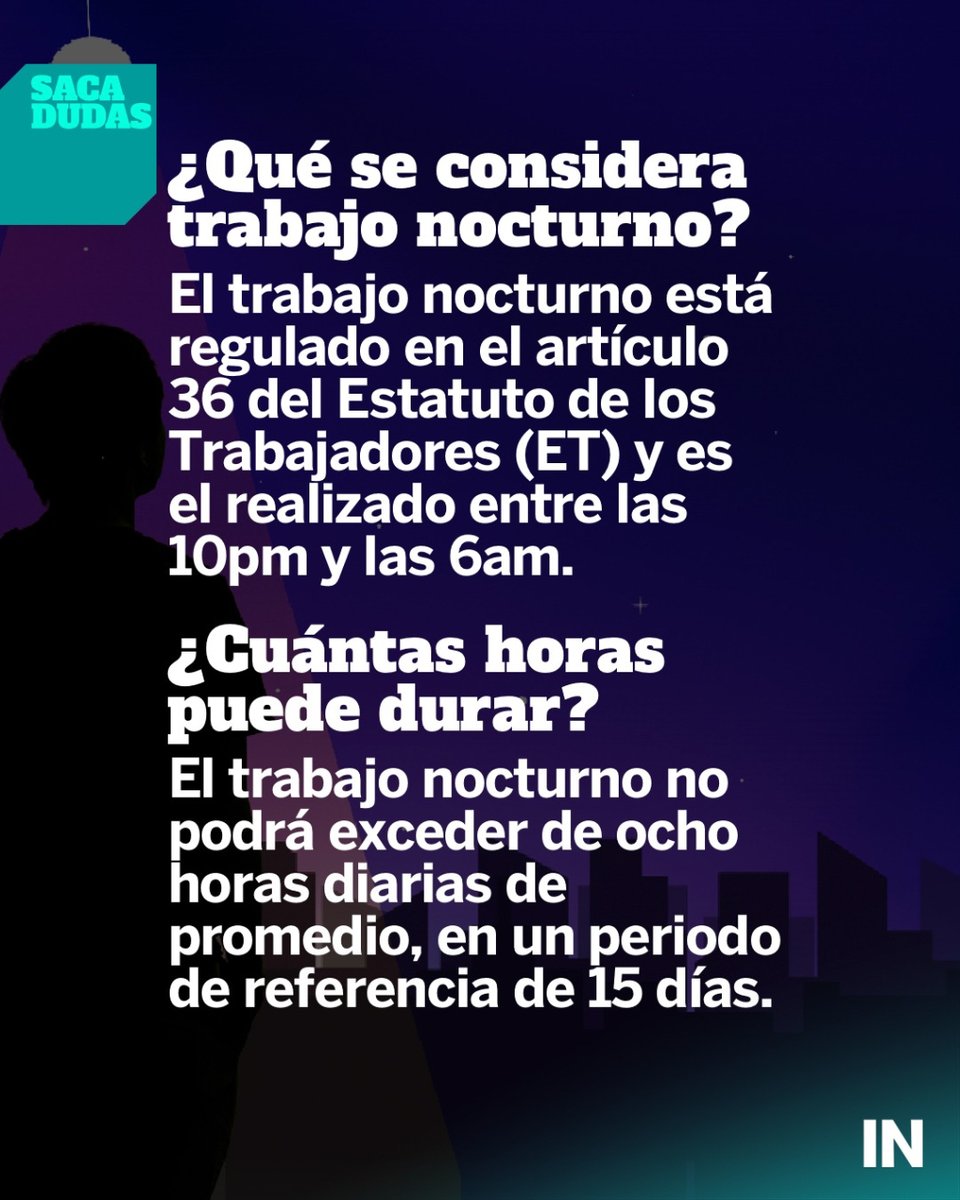 ⁉️ El #sacadudas de hoy va sobre 'trabajo nocturno'.

🌙 El trabajo nocturno es aquél que se realiza entre las 22 horas y las 6h de la mañana.

📰 Resolvemos dudas frecuentes acerca del mismo. Si quieres saber más, ¡échale un ojo a la revista!

📎 Revista: revistainitinere.com/category/sacad…