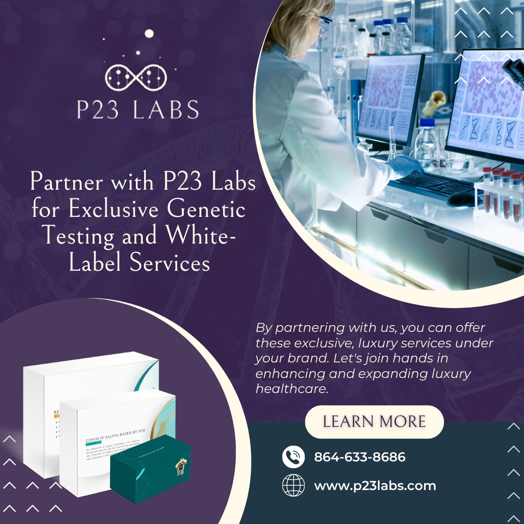 LabsP23's tweet image. P23 Labs empowers with health knowledge. Partner with us for exclusive genetic testing services under your brand. Let's enhance luxury healthcare together. #P23Labs #GeneticTesting #WhiteLabelServices #B2B #HealthcareInnovation 

Visit us at 🤝 p23labs.com/partner-with-us