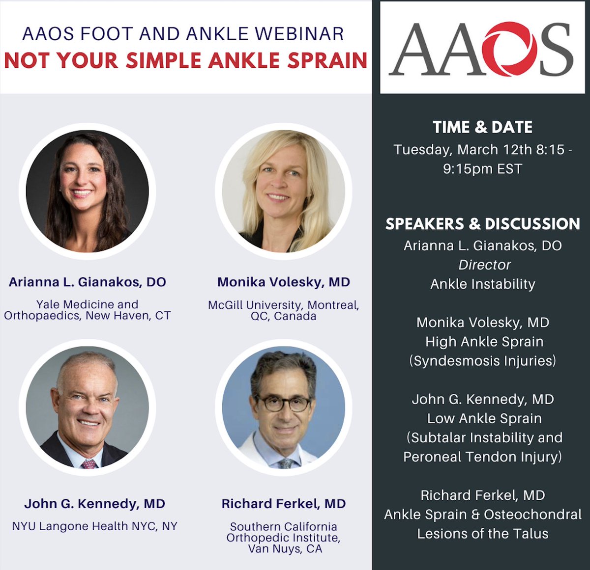 You won’t want to miss this! AAOS WEBINAR: Not your simple ankle sprain! @AAOS1 @OrthoAtYale @drjohnkennedy @AOFAS @AANAORG @YNHH Sign up: www5.aaos.org/calendar/event…