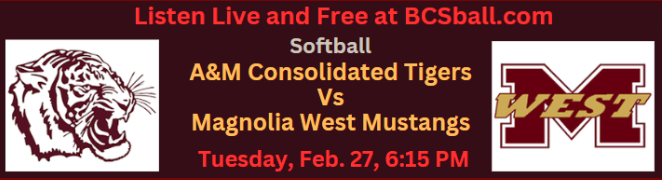 LISTEN LIVE AND FREE TONIGHT AT 6:15 pm. #MagnoliaWestSoftball vs #ConsolidatedSoftball on bcsball.com. Spread the Word. @CSISD @CSISDAthletics @ConsolHS @AMCHSTigerClub @amc_softball