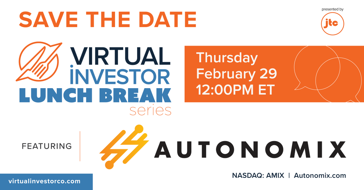 #SaveTheDate for the Virtual Investor Lunch Break: The Autonomix Opportunity happening Thursday, February 29 at 12 PM ET. Register here: bit.ly/4c0EW5V @Autonomixmed $AMIX #Electrophysiology #MedTech #PeripheralNervousSystem #NeuralSignals #DetectionTechnology