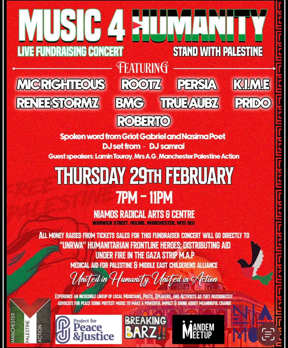 Playing a DJ set at Music 4 Humanity this Thursday 🍉
📍 NIAMOS, Hulme, MCR
⏲️7pm - 11pm 

ft. @micrighteous <a href="/Rootz0161/">R O O T Z</a> <a href="/Northsideprido/">PRIDO</a> <a href="/ManPalestine/">MANPalestineMovement</a> <a href="/nasimabee/">nasima ‘bad b’ bee poet</a> <a href="/GriotGabriel/">GriotGabriel</a> <a href="/lamintouray96/">Lamin Touray</a> <a href="/indigenousmanc/">Zee Joy</a> <a href="/thatguyreddevil/">Mr Structure</a>   and many more! 

Tickets - skiddle.com/whats-on/Manch…