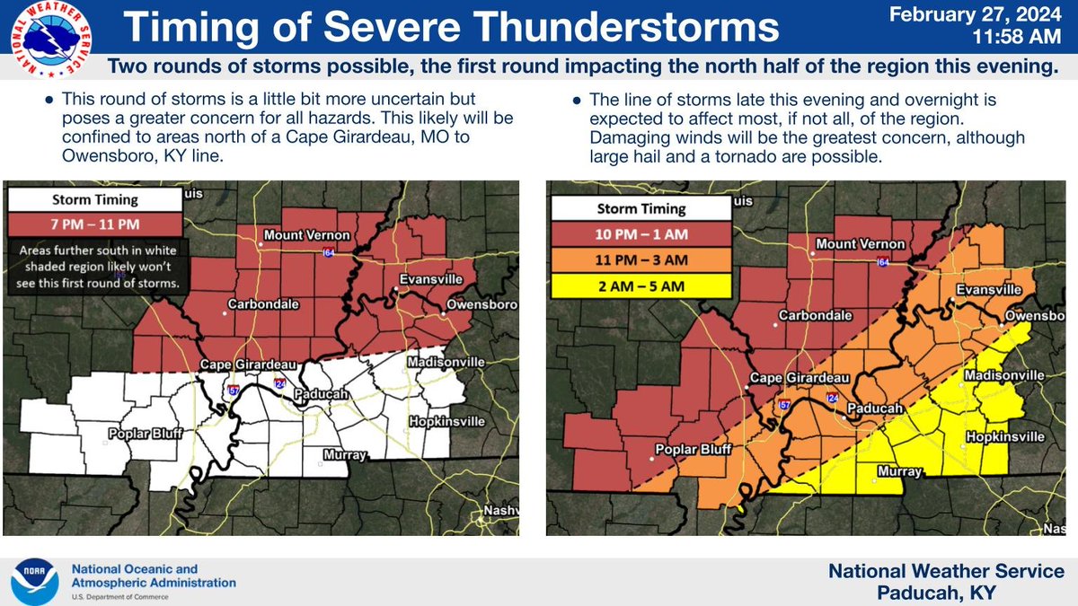 Two rounds of severe storms are possible for our region. The first one may impact northern portions of the region after 7 PM this evening. The second round is a line of storms expected to move NW to SE across much of the area overnight.