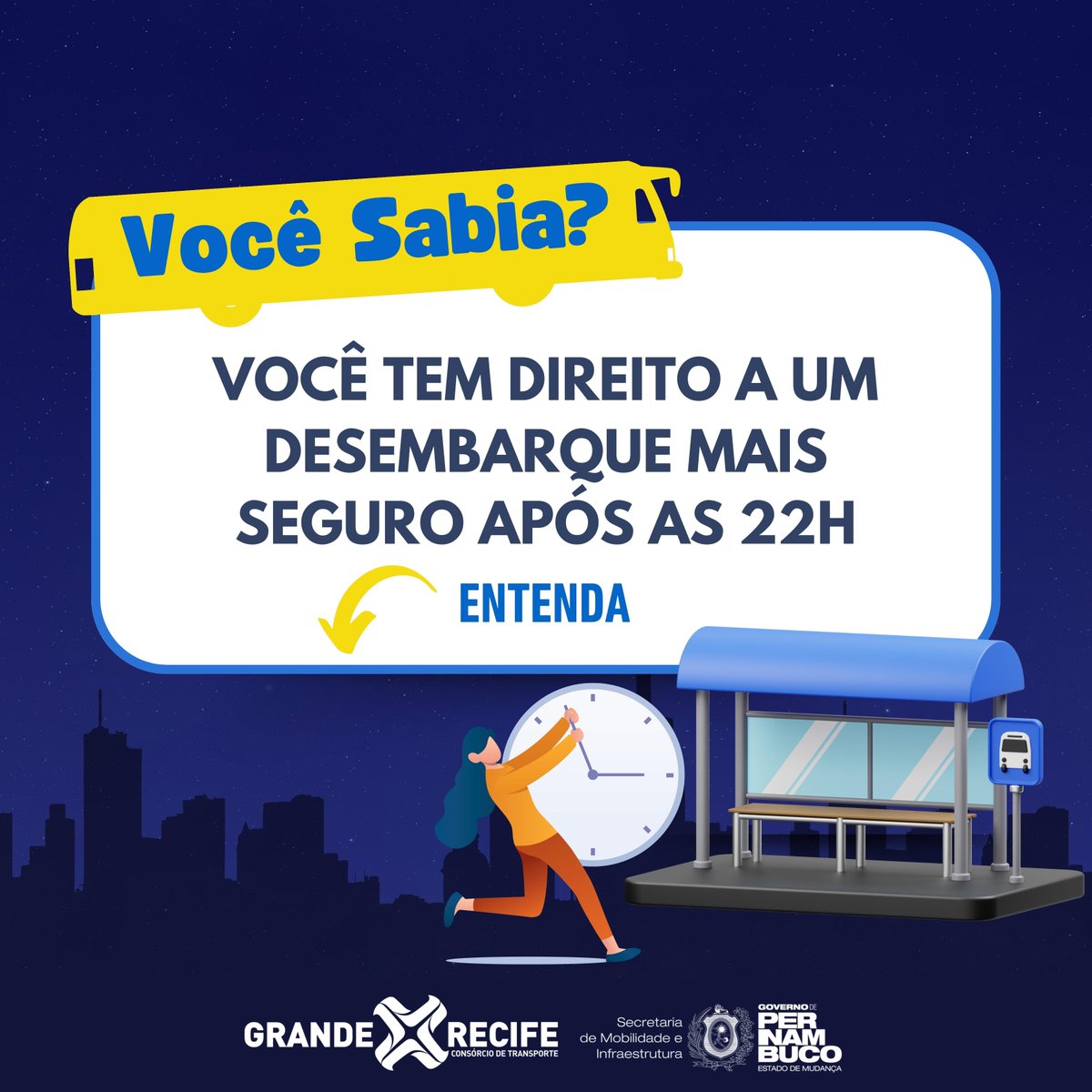 ⏰ Após as 22h, as paradas deixam de ser seletivas  e todas as solicitações de embarque e desembarque devem ser atendidas. 🚌

🚏 Já no subúrbio, você pode solicitar ao motorista que pare em um local mais iluminado e com maior concentração de pessoas. 🚍