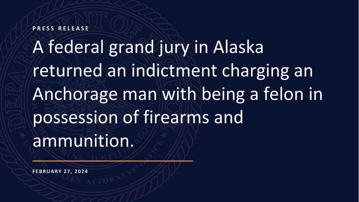 A federal grand jury in #Alaska returned an indictment charging an Anchorage man with being a felon in possession of firearms & ammunition on two separate occasions, including one occasion where he shot himself & an officer. @AnchoragePolice @FBIAnchorage justice.gov/usao-ak/pr/anc…