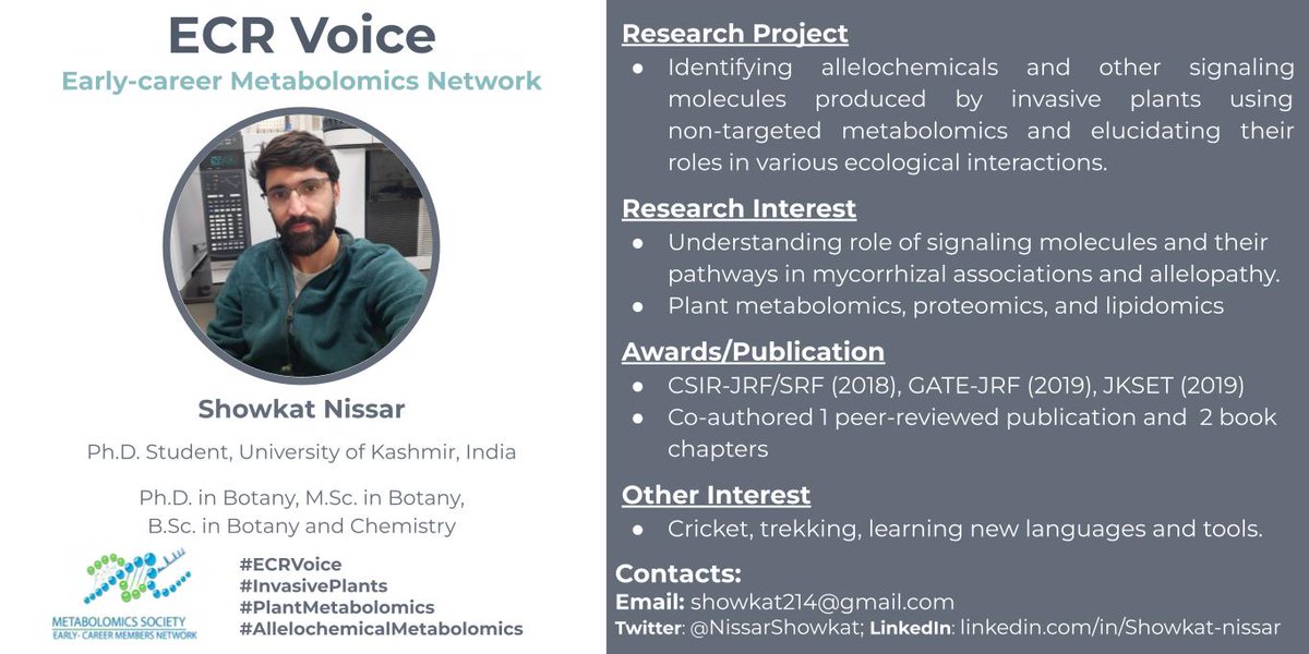 EMN_MetSoc's tweet photo. Introducing Showkat for #ECRVoices
@NissarShowkat is working on #PlantMetabolomics and he is based in Srinagar, India 🇮🇳 https://t.co/LsOUS2yVO6