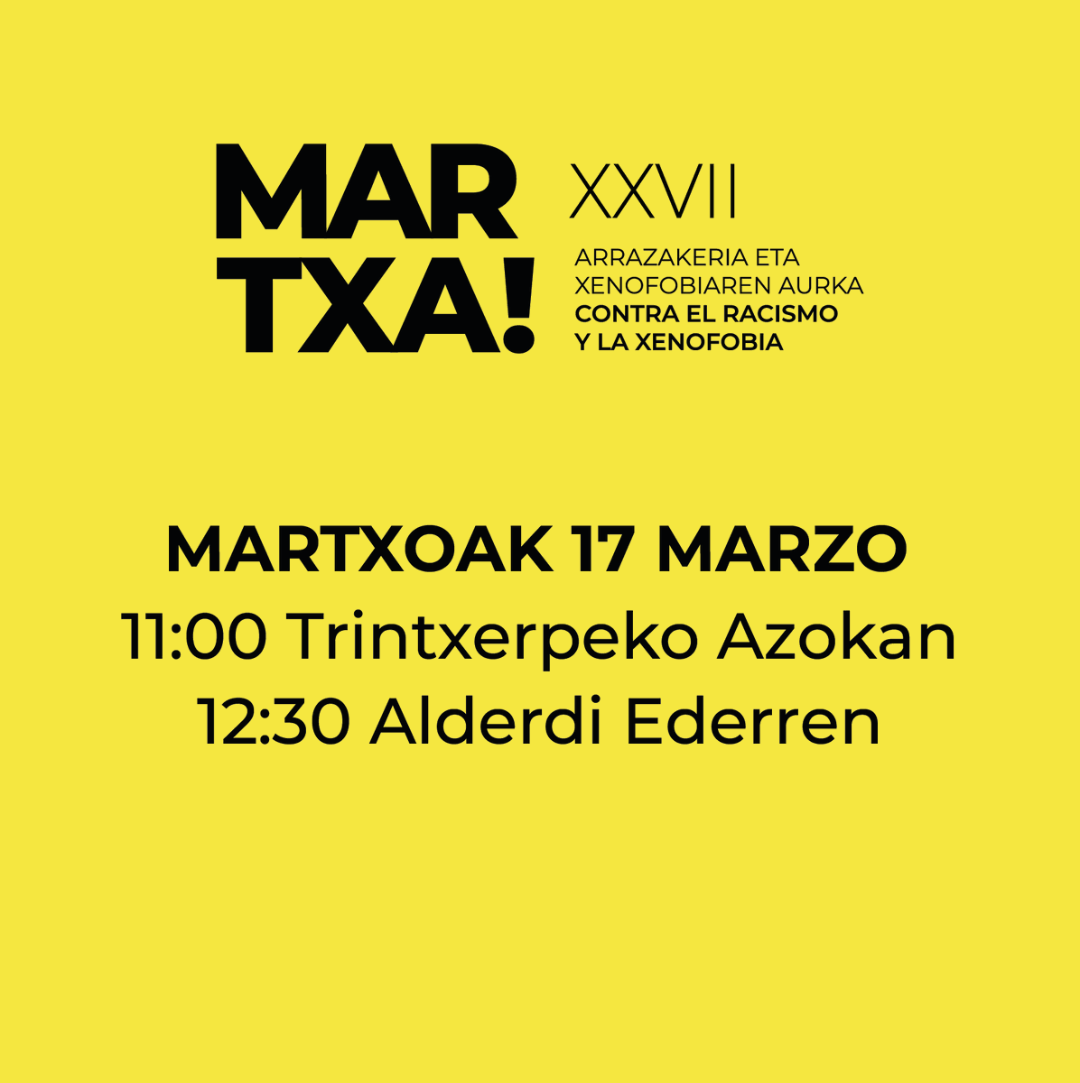 ⚠️ ADI! ⚠️
Urtero bezala, martxoaren 17an kurba egokiena hartuko dugu arrazakeria eta xenofobiaren aurkako Martxan.
Etor zaitez! 🚸 #KurbaArriskutsua #ArrazakeriaetaXenofobiarenAurkakoMartxa #Martxa2024