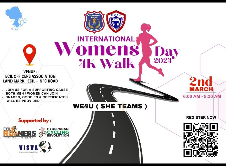 'Stride for equality this International Women's Day! Join us for a *4K WALK* with Rachakonda Security Council (RKSC) and Rachakonda Police Commissionerate on 2nd March 2024, from 6:00am Onwards,' Reserve your spot by registering now at : bit.ly/walkathon_by_r…