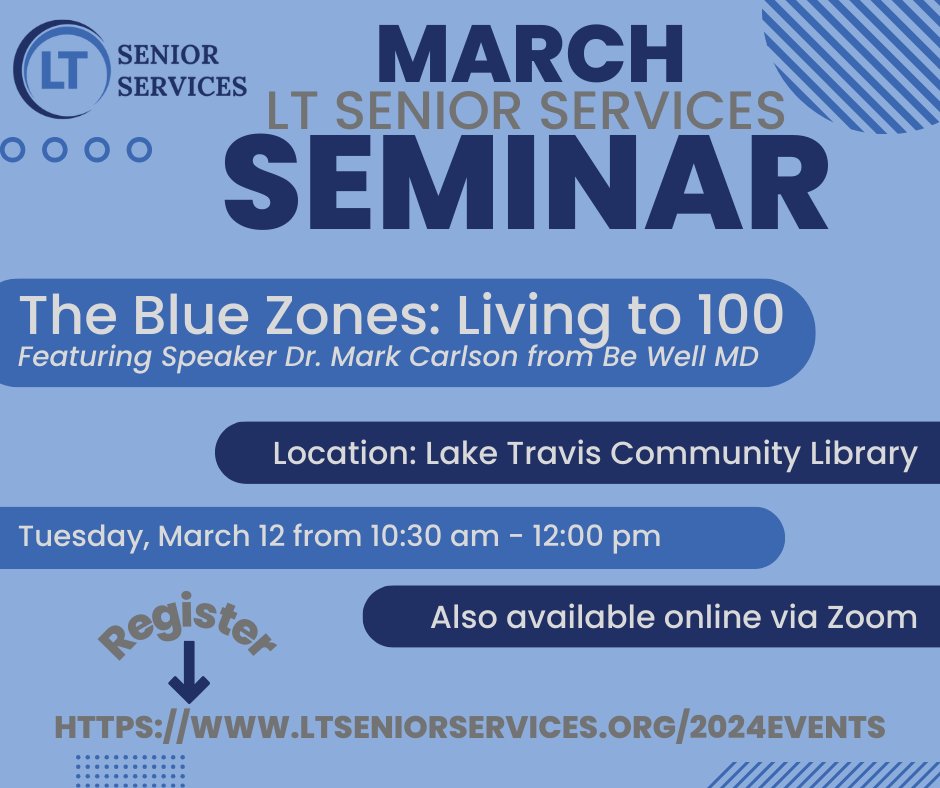 Join us for "The Blue Zones: Living to 100". Our featured speaker is Dr. Mark Carlson from <a href="/BeWellMD_TX/">Mark Carlson MD</a> 

The seminar is on Tuesday, 3/12 from 10:30 am - 12:00 pm at <a href="/LakeTravisLib/">Lake Travis Library</a> or via Zoom.

Register: ltseniorservices.org/2024events