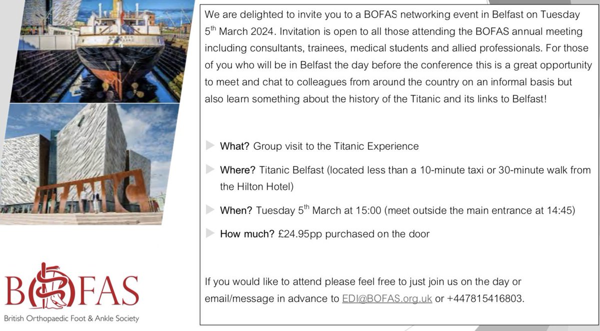 Belfast is hosting @BOFAS_UK Annual Meeting next week 🦶 If you arrive on or before Tues 5th March, come & join our group visit to the Titanic Experience! 🚢 Meet @ the main entrance 2.45pm- no need to pre-book More details 👇