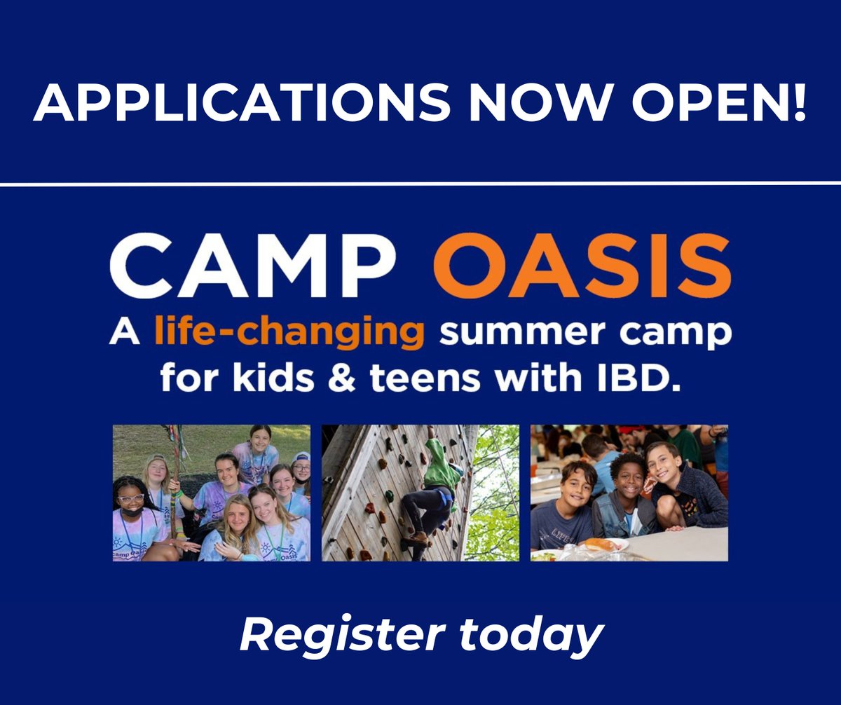 Reminder that applications are still open for Camp Oasis! Camp Oasis is looking for volunteers as well! If you'd like to explore camp locations, dates, and application details, visit the Camp Oasis website: crohnscolitisfoundation.org/get-involved/c…