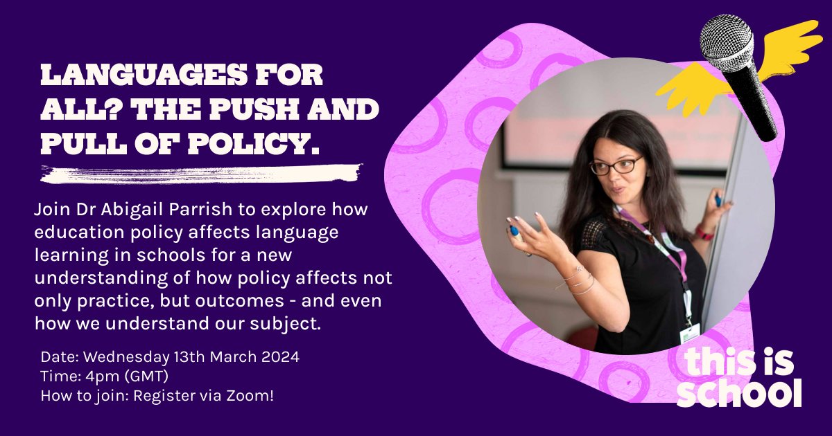 🔔 New webinar alert! 🔔 We're pleased to share that @DrAParrish will be joining us on Wednesday 13th March for 'Languages for all? The push and pull of policy'. It's free to RSVP and all are welcome, so spread the word 😎 🎟️ us02web.zoom.us/webinar/regist…