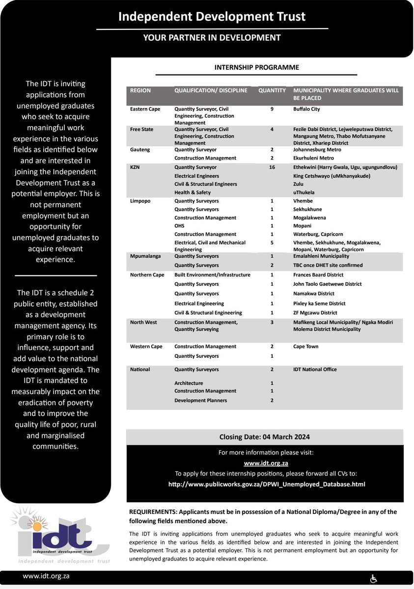 IDT_org's tweet image. The Independent Development Trust invites unemployed graduates for the Internship programme.
Closing Date: 04 March 2024
#yourpartnerindevelopment #JobSeekersSA #internshipprogramme
