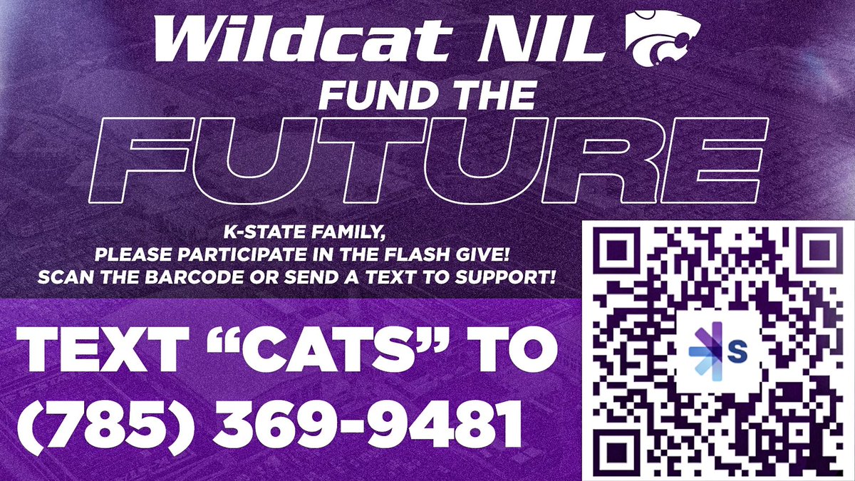 Tomorrow night, during Senior Night for @KStateWBB, a flash give will run on the Bramlage Coliseum video board during the under 5 media timeout in the second quarter. To give, simply scan the barcode or text “CATS” to the number in the graphic: Help us Fund the Future of