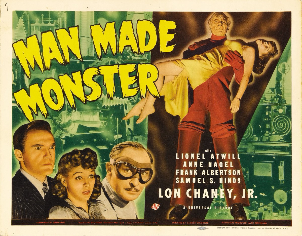 Man Made Monster was really Chaney's first horror film. A very limited actor, he shines here as a simple man out of his depth. Lionel Atwill is fabulous and the SFX by John P. Fulton topnotch. Go see.

#LonChaney #UniversalHorror #LionelAtwill #halfsheet #SFX #Horrorfam #monster