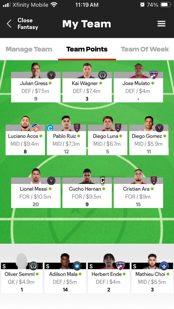 Overall a pretty poor week for me, if I had picked a better captain it would’ve been decent but RSL midfield really hurt me. How’d you all do? 
<a href="/MLSFantasy/">MLS Fantasy Soccer</a> #MLS