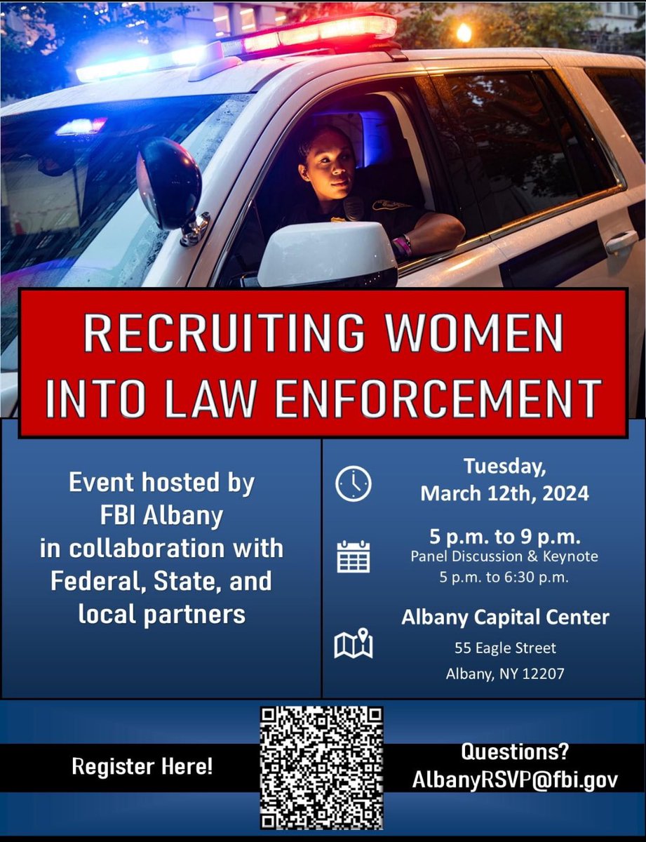 🚔Calling all strong, determined women who are interested in becoming an Albany Police Officer. 🚨 Tuesday, March 12, 2024 5:00 p.m. to 9:00 p.m. Albany Capital Center 55 Eagle Street Albany, NY 12207 RSVP below by scanning the QR code.