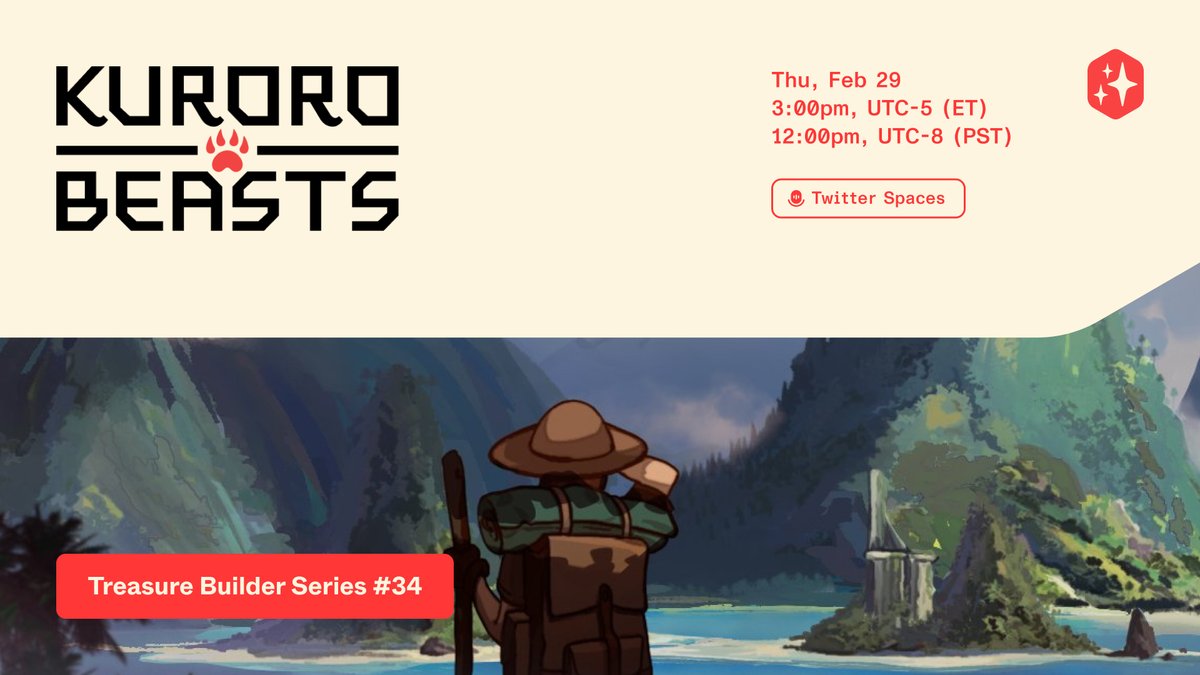 Treasure (@treasure_dao) on Twitter photo Join us this Thursday for a Builder Series with <a href="/kurorobeast/">kuroro beasts</a>! ✨
We'll be talking with <a href="/kurorosage/">sage.kuroro</a> about the upcoming Kuroro Wilds Alpha, new Beasts coming to the game, Play to Airdrop, and more.
📅 When: Feb 29, 3:00pm ET
🎤 Where: x.com/i/spaces/1dRKZ… Join us this Thursday for a Builder Series with <a href="/kurorobeast/">kuroro beasts</a>! ✨
We'll be talking with <a href="/kurorosage/">sage.kuroro</a> about the upcoming Kuroro Wilds Alpha, new Beasts coming to the game, Play to Airdrop, and more.
📅 When: Feb 29, 3:00pm ET
🎤 Where: x.com/i/spaces/1dRKZ…