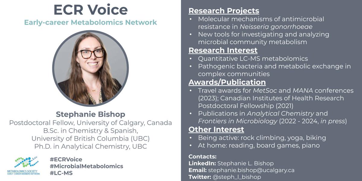 Introducing Stephanie for #ECRVoices @steph_l_bishop is working on #MicrobialMetabolomics and she is based in Calgary, Canada 🇨🇦