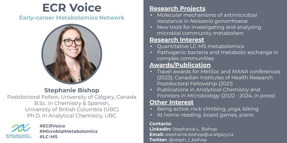 EMN Metabolomics Society (@emn_metsoc) on Twitter photo Introducing Stephanie for #ECRVoices
<a href="/steph_l_bishop/">Dr. Stephanie Bishop</a> is working on #MicrobialMetabolomics and she is based in Calgary, Canada 🇨🇦 Introducing Stephanie for #ECRVoices
<a href="/steph_l_bishop/">Dr. Stephanie Bishop</a> is working on #MicrobialMetabolomics and she is based in Calgary, Canada 🇨🇦