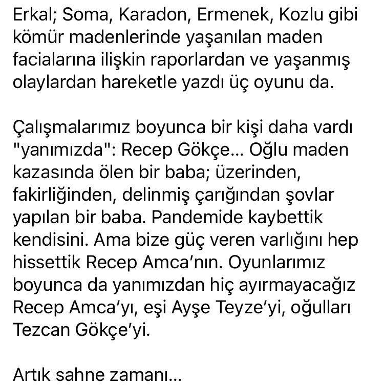 Sevgili İstanbul, madenlere canlar vermeye devam ettiğimiz günlerde bu oyunu kaçırmayın. 
🎭<a href="/genismerdiven/">Geniş Merdiven</a>’in sahnede devleşen Rapsod’u <a href="/aiskhilos2/">Latif Tiftikçi (Eskişehir Halk Sahnesi)</a>, Erkal Umut’un yazıp yönettiği DEĞİL oyunuyla yarın 20:30’da Kadıköy NHKM’de. facebook.com/share/p/KvS8jE…