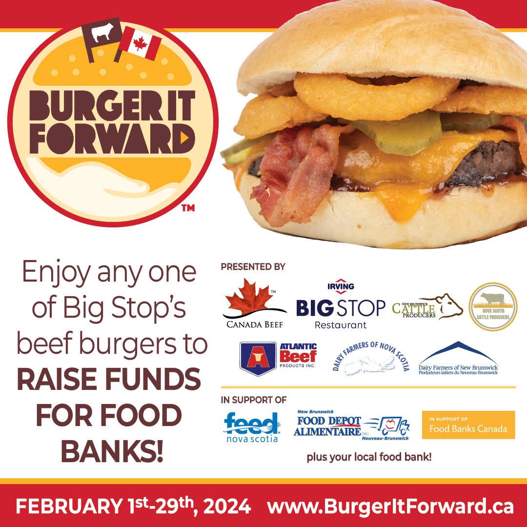 Don't forget to support Burger it Forward before it ends on Thursday!
NBCP are donating $4,000 worth of ground beef to NB Food Depot Alimentaire, with DFNB donating $1 per milkshake added to a burger meal, up to $5,000!
Check out burgeritforward.ca for more details!