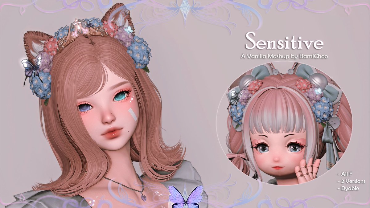 Sensitive is now available! 🩷

♡ For All F
♡ 2 Versions
♡ Only for Rainbow Hydrangea Corsage !!
♡ Butterflies, Crown Gems and Ribbon Dyable

Tag #BamiMods so I can see all of your beautiful gposes!! ♡ 
[Links down below!!]