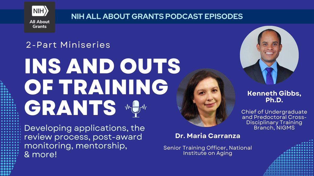 Institutional training grants help prepare undergraduates, predoc students & postdoctoral scholars for their careers in research. 🎓🔬 Learn more in this #AllAboutGrants podcast series featuring guests from @NIGMS and @NIHAging nexus.od.nih.gov/all/2024/02/26…