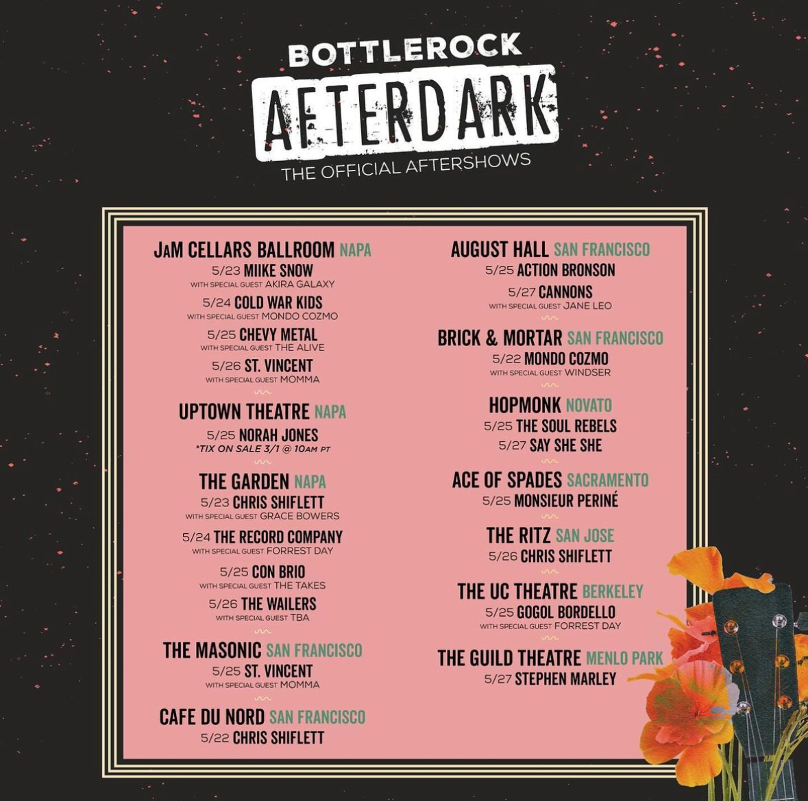 JUST ANNOUNCED: BottleRock AfterDark ✨ Catch @ColdWarKids, @cannonstheband, @NorahJones, @st_vincent + more around the Bay this May ✌️ On sale 2/28 at 10am: bit.ly/3P3qX5d