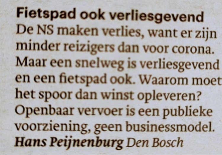 Fietspad ook verliesgevend.  
#NS #spoor #trein #OV #OpenbaarVervoer