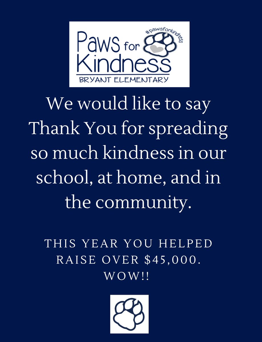 Teachers and Staff—we can not say Thank You enough for helping push Paws for Kindness and getting so involved!! Wow!! 8004 Acts of Kindness and over $45,000 raised!!! <a href="/BryantElem/">Bryant Elementary</a>