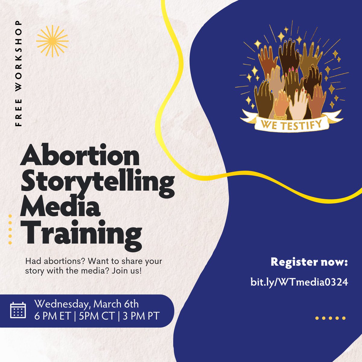 We Testify is hosting a virtual media training session on March 6th for people who have had abortions! If you're eager to share your experience with the media or simply interested in honing your storytelling skills, you can register at bit.ly/WTmedia0324