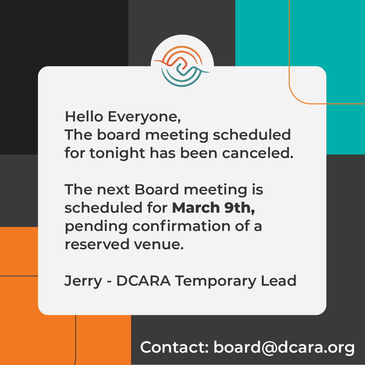 [DCARA BOARD MEETING ANNOUNCEMENT]

DCARA Board has an announcement to share with the community

#DCARABoard #DeafCommunity #DCARA1962
