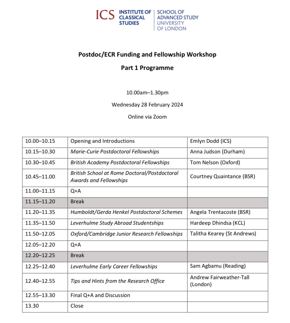 Tomorrow! Our @instclasstudies #Postdoc & #ECR Funding/Fellowship Workshop - Part 1. Very lucky to be joined by excellent & generous colleagues, incl @annapjudson @dr_bone_lady @_HardeepDhindsa @TalithaKearey, Sam Agbamu, Tom Nelson w/ @SASNews & @the_bsr staff! Programme👇