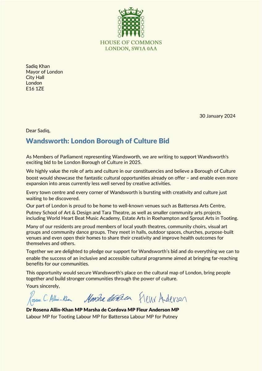 I wrote to @sadiqkhan to support Wandsworth councils Borough of Culture Bid. From @battersea_arts to @whbeat, #Battersea is home to many innovative arts institutions. Winning the Bid will build on this fantastic work.