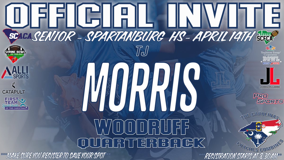 Congratulations on being selected to the Carolinas Coaches Combines at Spartanburg HS (c/o 2025)! See you on April 14 at 8:30am Check your email to register! #CarolinasCoaches24 @JohnsonLambe @WoodruffFB @SnoopGreen1 @CohenL65 @TJmorris06