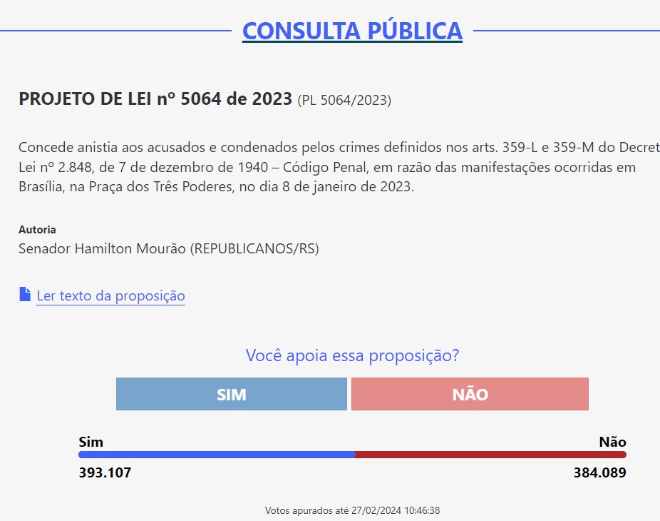 fernandapsol's tweet photo. O senador Golpista Mourão teve a audácia de propor um projeto de lei que concede anistia aos acusados e condenados pelos atos criminosos do 8  de janeiro. 
Mais uma confissão de golpismo!

O projeto está aberto a consulta pública.
VOTEM NÃO
Sem anistia!
https://t.co/hu1EM1phWl https://t.co/7lC299526c