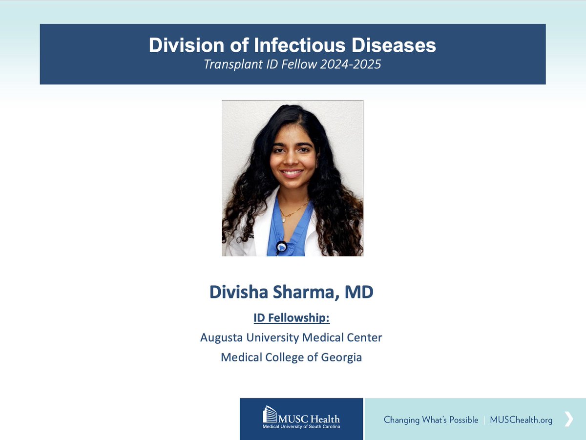 We are THRILLED to announce that our inaugural #TxID fellow joining us in July 2024 is the stellar Dr. Divisha Sharma @drdivsharma18 from @MCG_AUG @MCG_ID. Div is passionate about fungal infections patients with BMT & stewardship in TID! Welcome to the @ID_MUSC family!