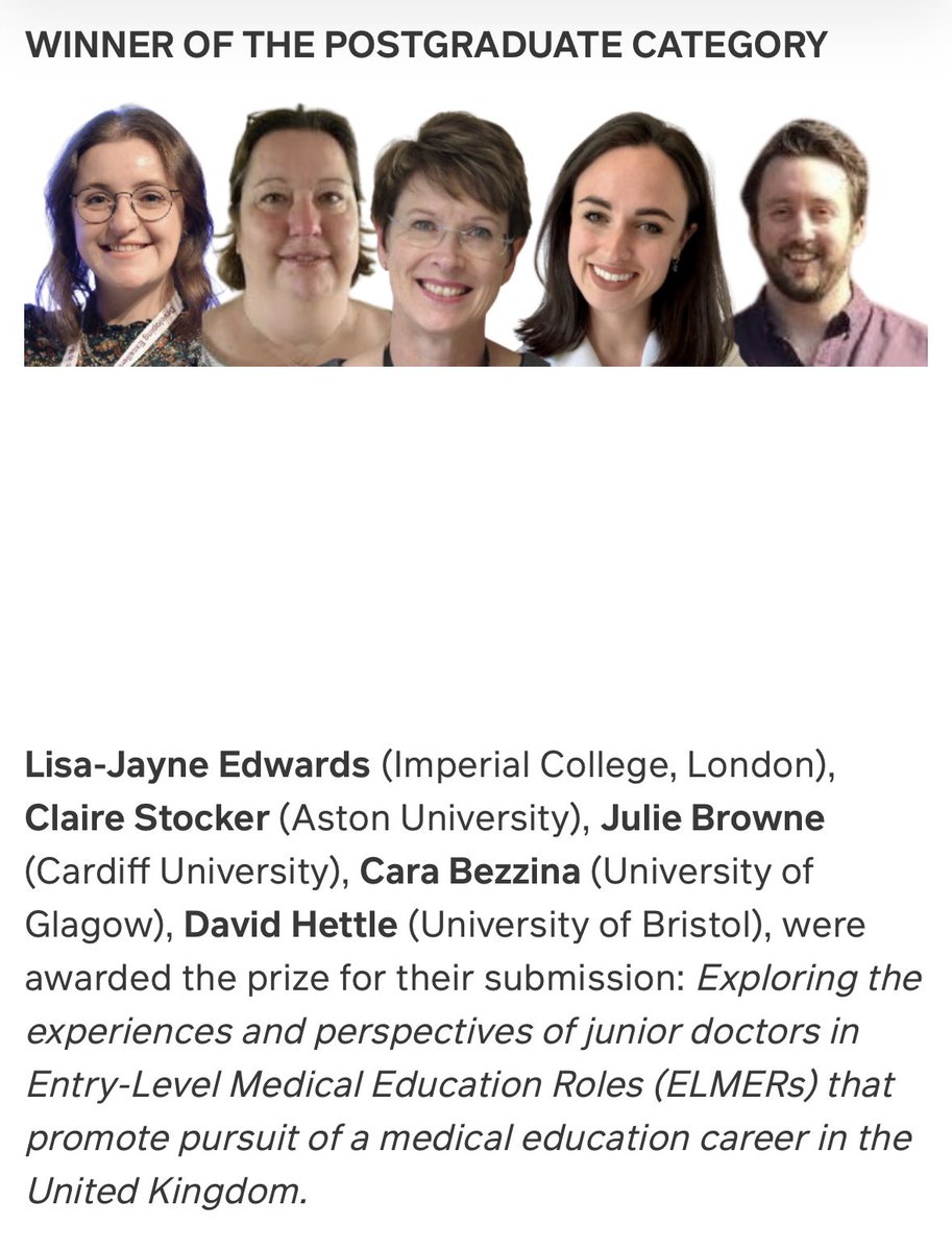excited to share that our team (led by the brilliant @lja_ed) has won the Postgraduate Category in the @asmeofficial Excellent #MedEd Awards 🎉🎉🎉 Our project will explore the experiences and perspectives of doctors in ✨Entry Level Medical Education Roles (ELMERs)