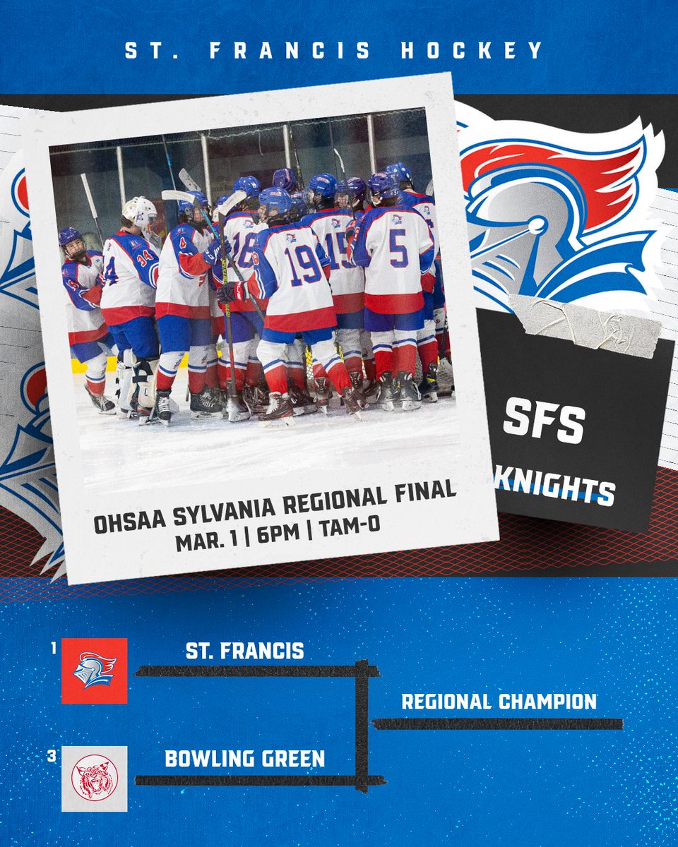 SFSAthletics's tweet photo. A trip to the Final Four is on the line! Varsity Hockey will face off against Bowling Green this Friday, March 1st. Puck drop is set for 6pm at Tam-O. Hope to see you there!

🎟️- https://t.co/GH0fMSzfSz https://t.co/GKsz0N3Jvs