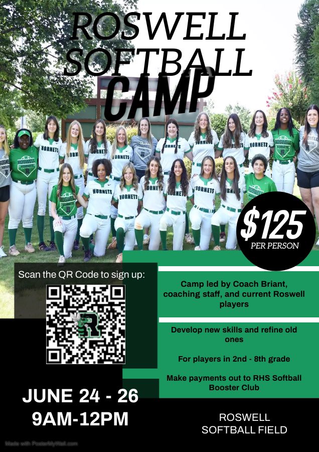 Excited to announce our 2024 youth summer camp dates! Scan the QR code to sign up! See you in June 🥎☀️ 🗓️ June 24-26 ⏰ 9AM-12PM #roswellsoftball #weR