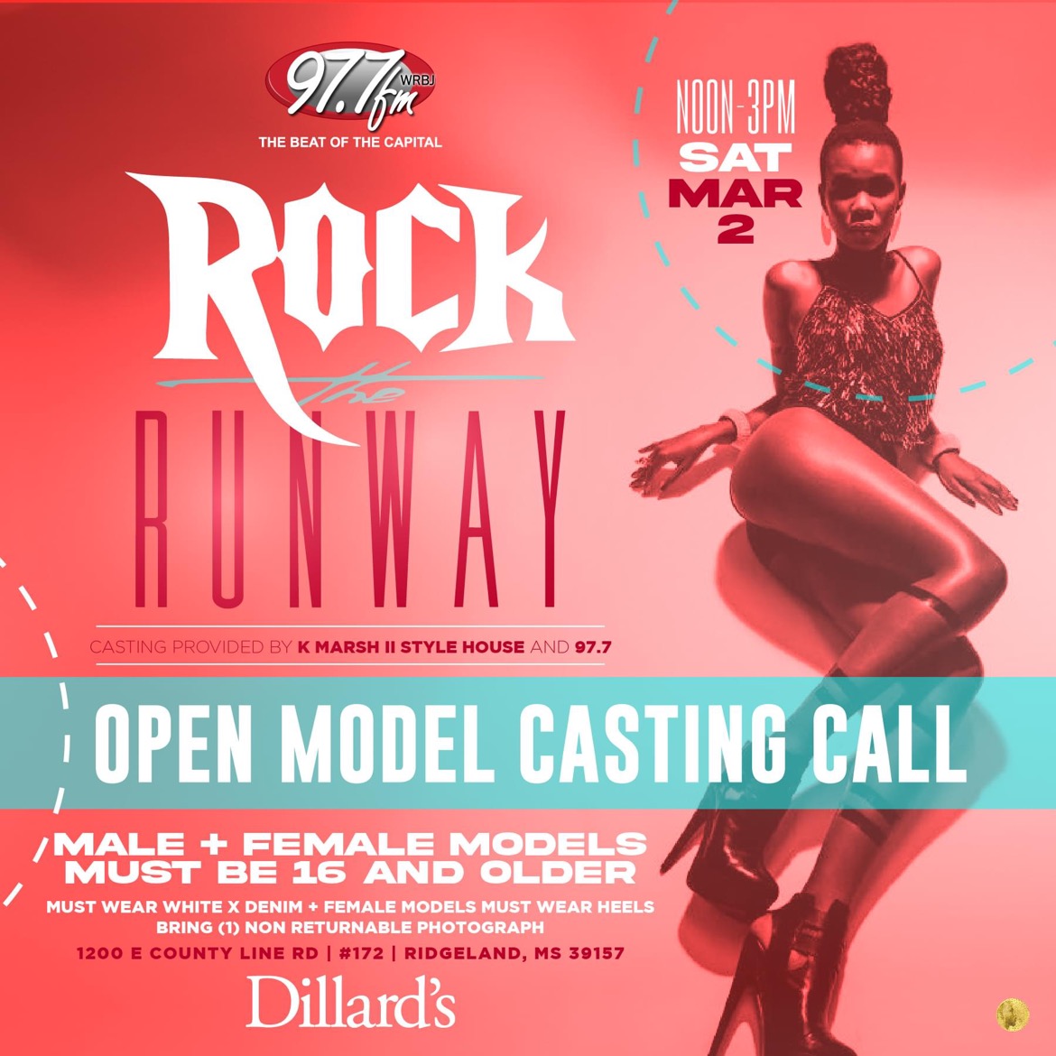 Jackson, MS! @977FM's premier fashion show Rock the Runway is back! The official Open Model Casting Call for 97.7's Rock the Runway is this Saturday March 2nd at Dillard's Northpark 12 Noon -3pm. Female & male models needed! #JacksonMS #977RocktheRunway #CastingCall #models