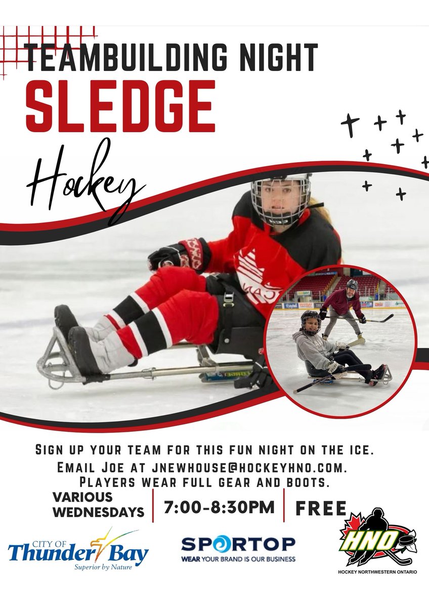 Interested in having your team try sledge hockey? A Great opportunity for your team to try sledge hockey, while also building team camaraderie and learning about a para sport! Next available openings: March 6 & 27 . #sledgehockey #tbay