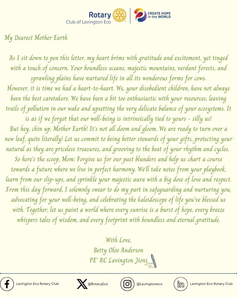Betty Oloo Anderson (@bettyoloo) on Twitter photo One of the Rotary areas of focus is “Protecting the environment “. In support of an initiative by our sister club <a href="/RotaryEco/">Lavington Eco Rotary Club</a>, let me share this letter I wrote to Mother Earth. <a href="/rotarylavingto1/">Rotary Club of Lavington Jioni</a> One of the Rotary areas of focus is “Protecting the environment “. In support of an initiative by our sister club <a href="/RotaryEco/">Lavington Eco Rotary Club</a>, let me share this letter I wrote to Mother Earth. <a href="/rotarylavingto1/">Rotary Club of Lavington Jioni</a>