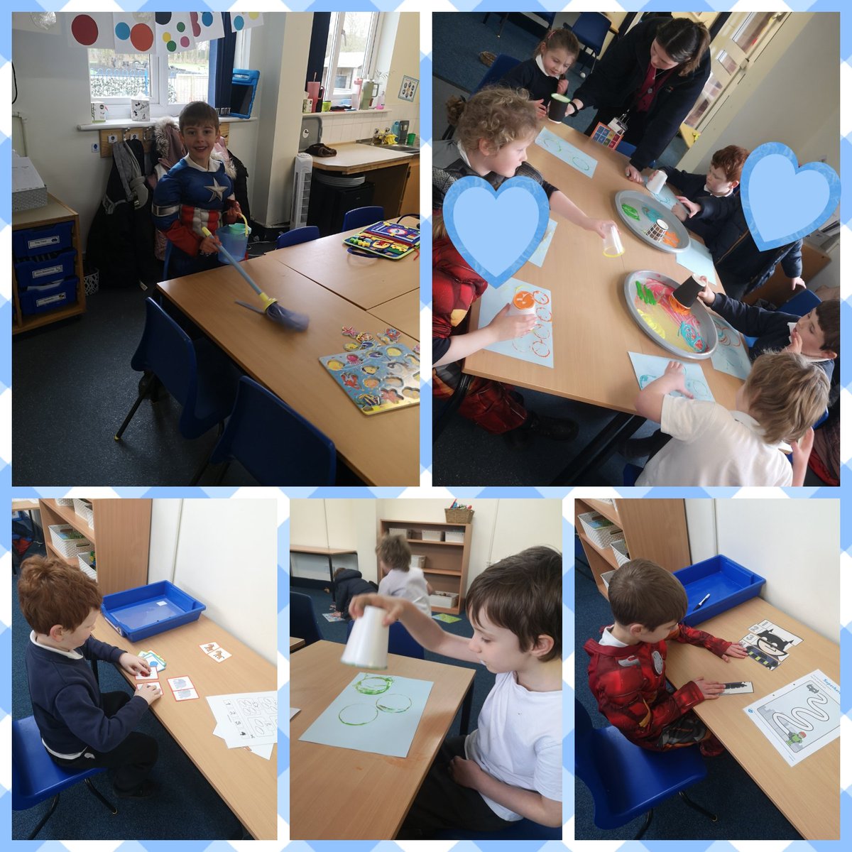 Another busy day in the KS1P. We had superheroes cleaning the classroom, circle shape printing and we completed our independent work trays too. What will tomorrow bring?
<a href="/BarntonMissP/">Miss Pearce</a> <a href="/BarntonMissR/">Miss Rutter</a>
