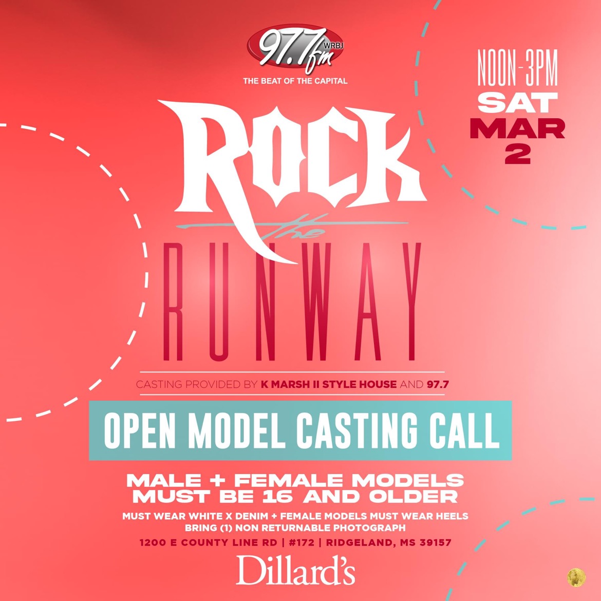 Jackson, MS! The official Open Model Casting Call for 97.7's Rock the Runway is this Saturday March 2nd at Dillard's Northpark from 12 Noon -3pm. Female & male models welcomed! Please bring one non-returnable photograph of yourself. #JacksonMS #977RocktheRunway #ModelCastingCall