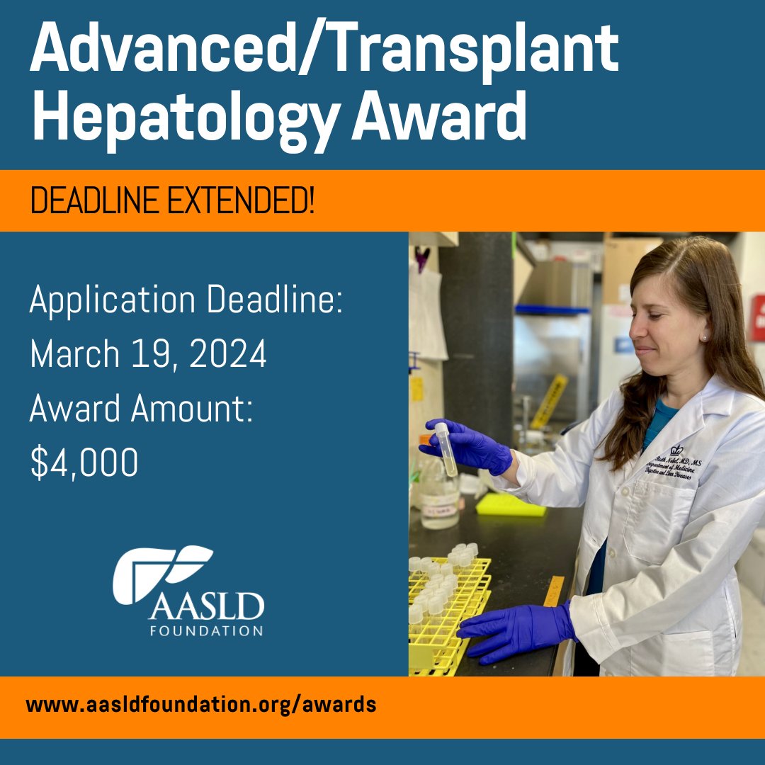 The Advanced/Transplant Hepatology Fellow Award application has been extended! This award provides $4,000 in travel funds to attend The Liver Meeting and one additional educational meeting during your fellowship year. Don't delay: aasldfoundation.org/awards-program… #LiverTwitter